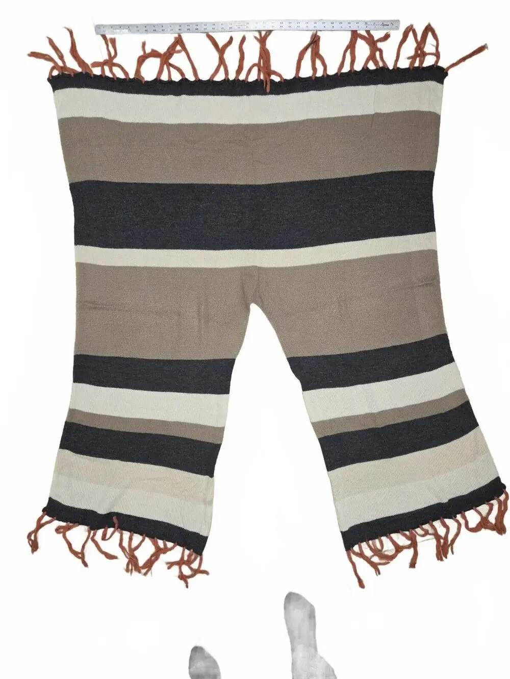 Striped Fringe Ruana Poncho Wrap Shawl Neutral Tones One Size